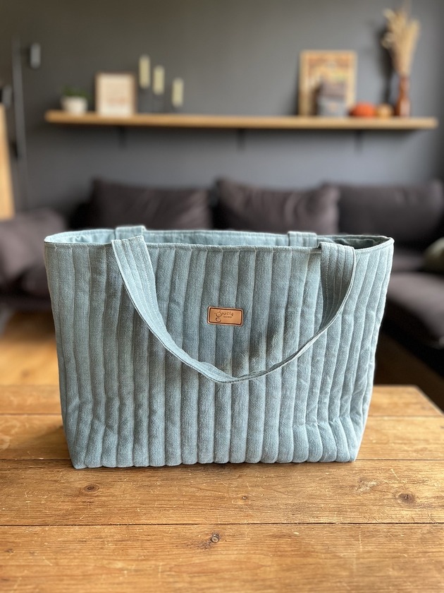 torby na ramię Torba tote bag niebieska, lniana, z kieszeniami