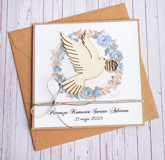 kartki na komunię Kartka, PERSONALIZACJA : I Komunia Święta : gołąb IHS niebieska