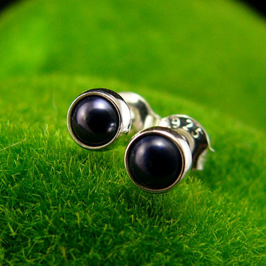 kolczyki z kamieniami Kolczyki Sztyfty Drobinki - Czarna Perła Srebro