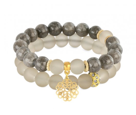 Gray jade & mat glass with flower & zircon bead. Lavoga