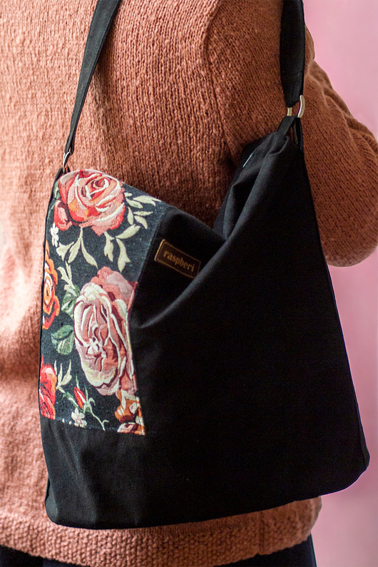 torby na ramię Czarna patchworkowa boho bag w kwiaty