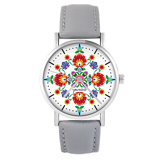 zegarki damskie Zegarek - Folkowa mandala - skóra, szary