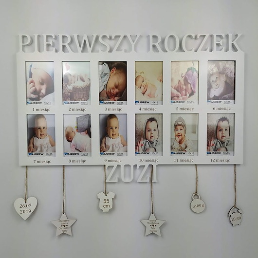 ramki na zdjęcia Ramka na zdjęcia Pierwszy roczek imię grawer  12 zdjęć metryczka
