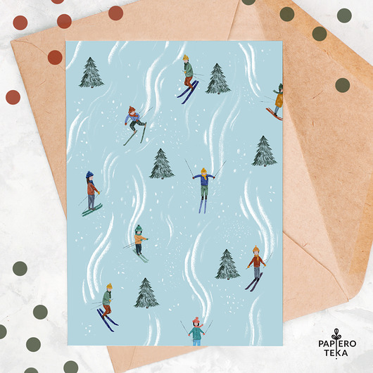 kartki świąteczne Kartka świąteczna - Narciarze