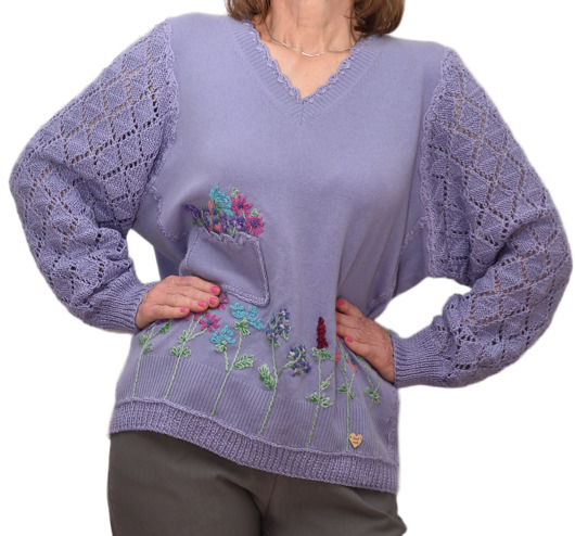 swetry damskie  Fioletowy sweter z kaszmiru z haftami i ażurowymi rękawami XL/XXL