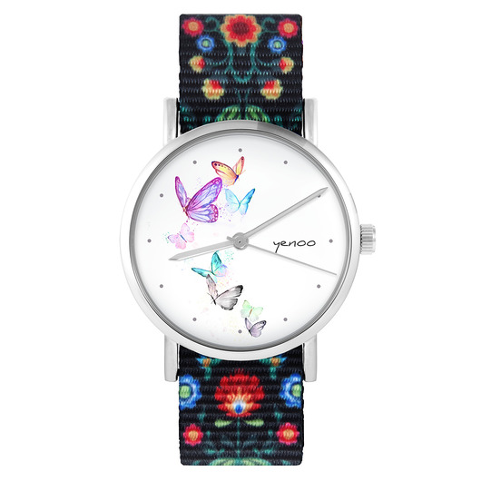 zegarki damskie Zegarek - Motyle - folk czarny, nylonowy