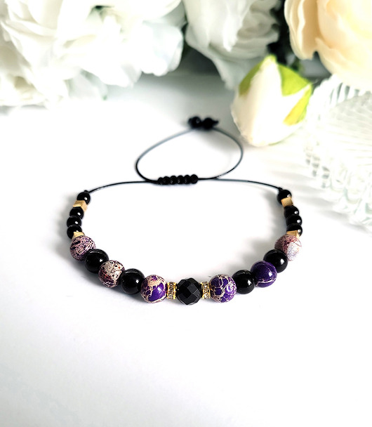 bransoletki z kamieni naturalnych OCHRONA i SPOKÓJ Queen of dark z Turmalinem i Jaspisem cesarskim- fiolet
