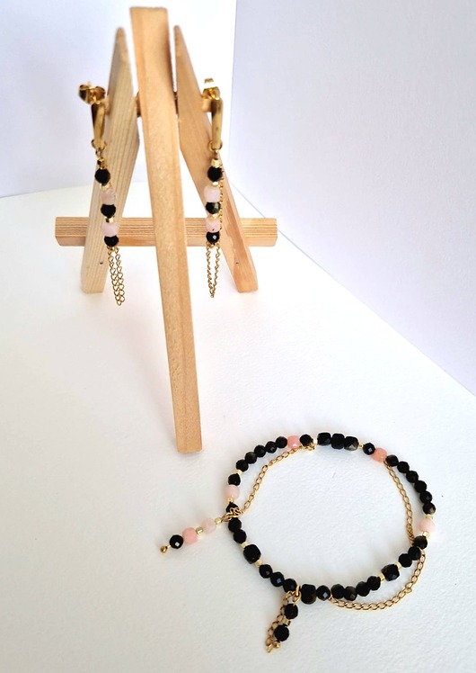 bransoletki z kamieni naturalnych Zestaw bransoletka z kolczykami turmalin, opal, obsydian łańcuszek