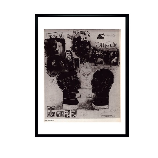 grafiki i ilustracje Oprawiony rysunek aut. E. Dwurnik z cyklu rysunków i kolaży "Robotnicy", 1981r