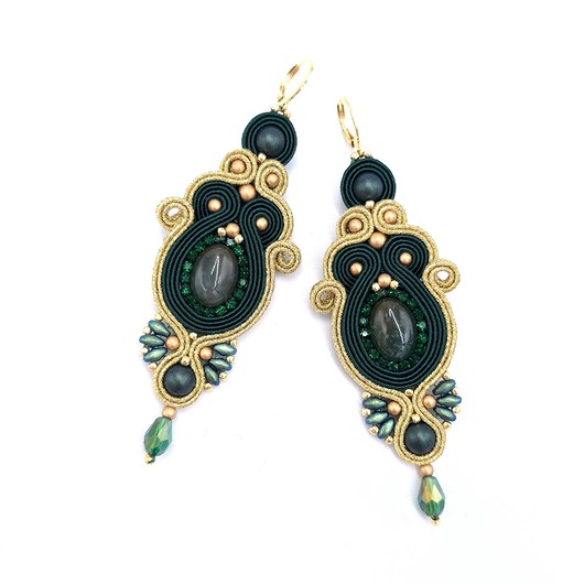 kolczyki soutache Chiara złoto zielone długie kolczyki sutasz z agatem mszystym