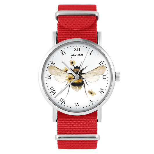 zegarki damskie Zegarek - Bee natural - czerwony, nylonowy
