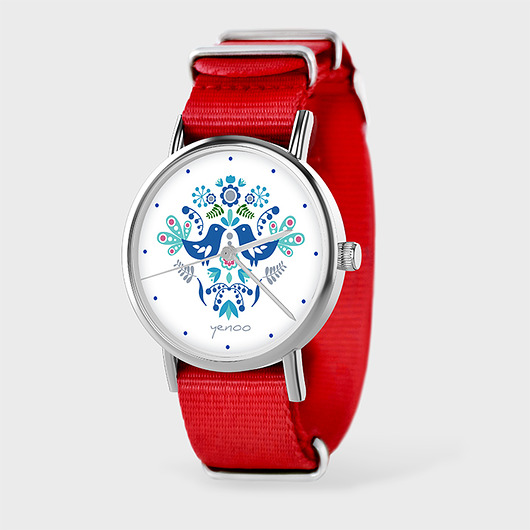 zegarki damskie Zegarek - Ptaszki folkowe, blue - czerwony, nato