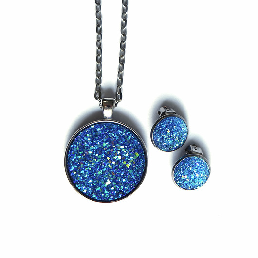 komplet biżuterii Komplet - Druzy niebieskie - naszyjnik i klipsy