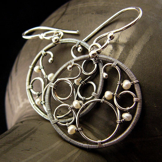 kolczyki z kamieniami Srebrne Kolczyki z Perłami - Koła Wire Wrapping Perły Srebro