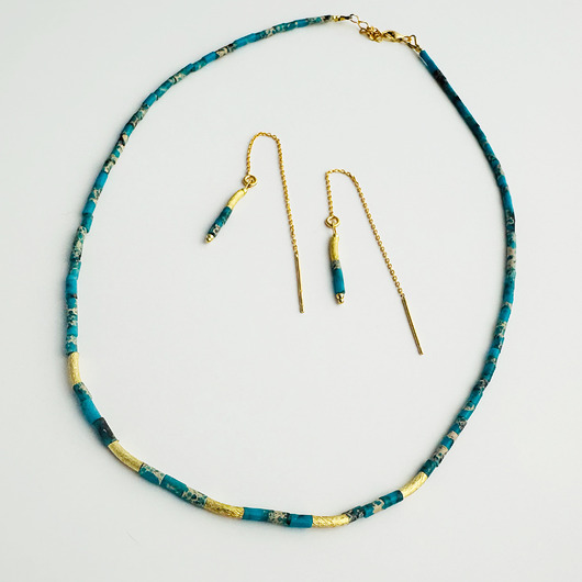 korale KLEOPATRA - Delikatny NASZYJNIK i KOLCZYKI JASPIS cesarski,niebieskie kamienie