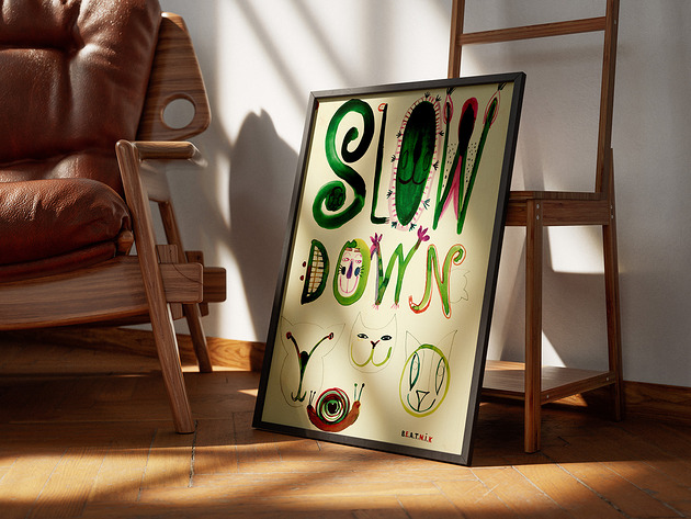 plakaty Plakat  SLOW DOWN grafika ślimak BALANS PRACA ilustracja do domu