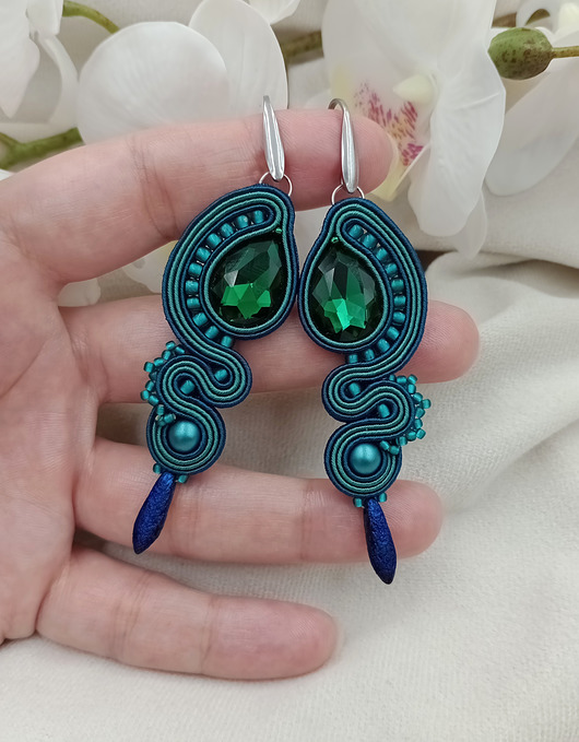 kolczyki soutache Długie kolczyki soutache na wesele, szmaragdowe kolczyki
