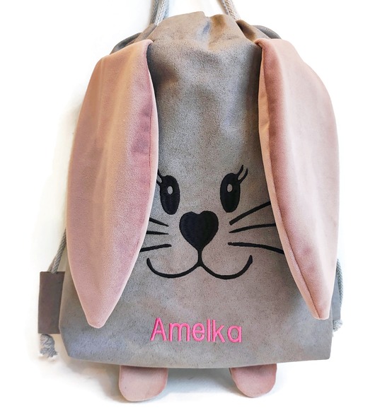 torebki, worki i plecaki dziecięce Worek szary dla przedszkolaka z imieniem zajączek uszy