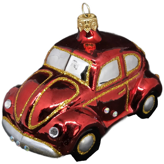 bombki Ręcznie malowana bombka szklana czerwony garbus ze złotymi akcentami