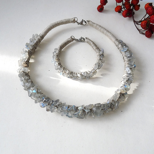 komplet biżuterii Labradoryt i len oryginalny komplet