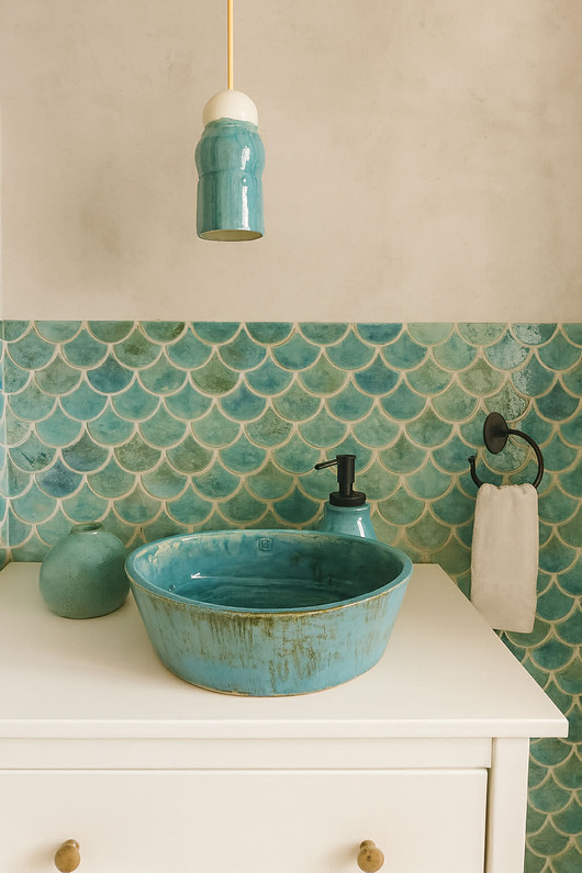 umywalki Umywalka ceramiczna, turkusowa owalna, zielona, nablatowa, niebieska