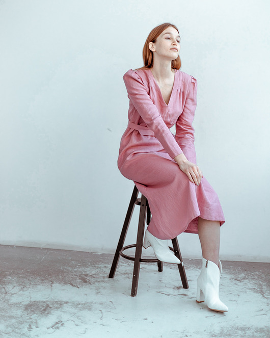 sukienki midi damskie Lniana Sukienka Różowa NAOMI