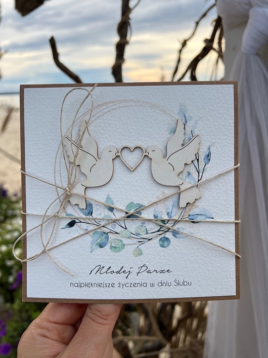 zaproszenia i kartki na ślub Ręcznie robiona kartka ślubna, na ślub z życzeniami boho