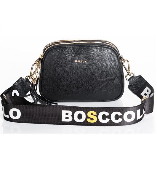 torby na ramię Torebka skórzana z ozdobnym paskiem - czarna  (7128)