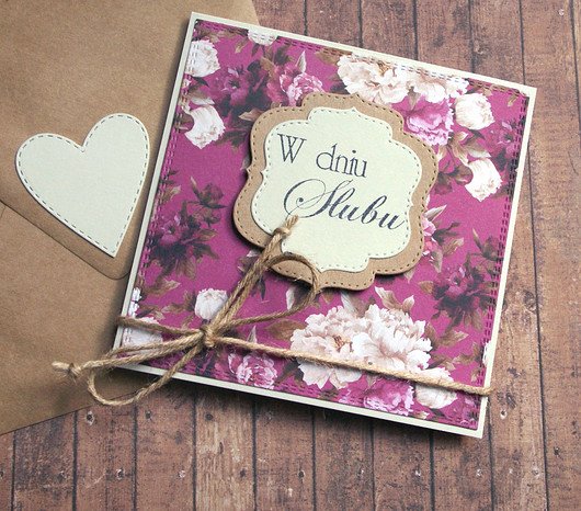 kartka ślubna : vintage flowers : purple & beige kaktusia