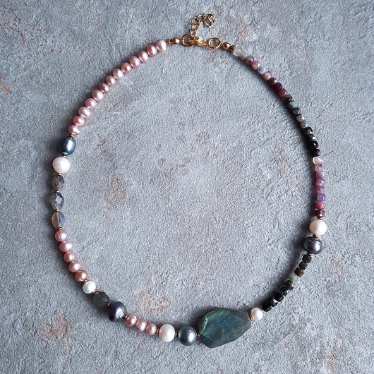 korale Naszyjnik z perłami, Naszyjnik z labradorytem, artystyczny, asymetryczny
