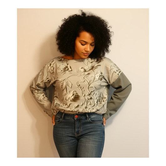 bluza bez kaptura damska Nietypowa bluza oversize bawełniana Szare Kwiaty 3D