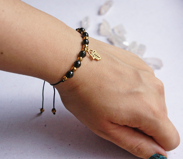 bransoletki z kamieni naturalnych OCHRONNA bransoletka - czarny turmalin, hamsa