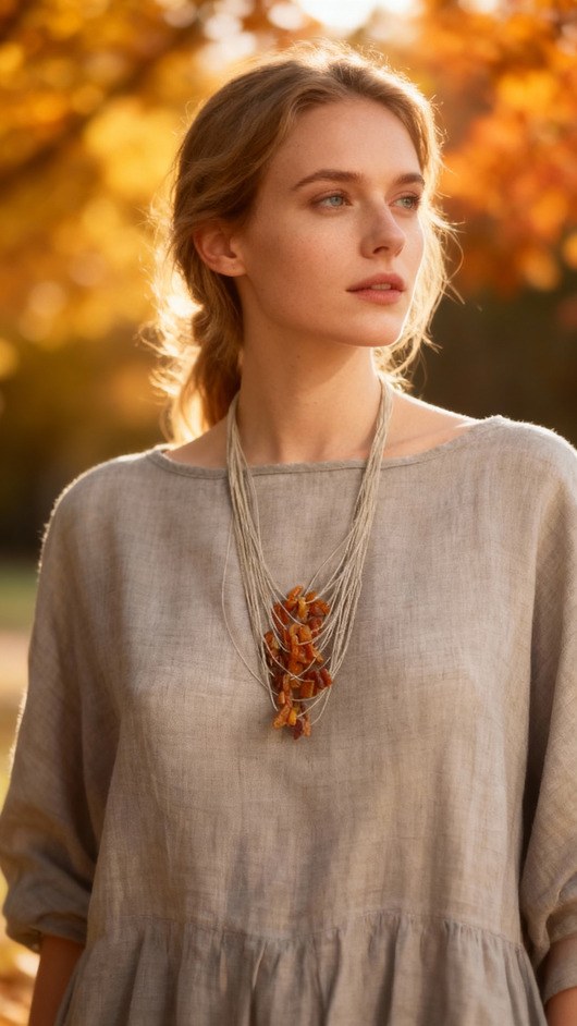 kolie Surowe bursztyny bałtyckie Naszyjnik lniany