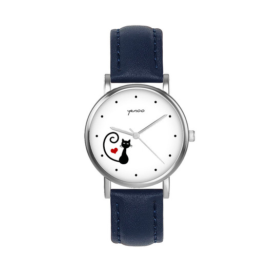 zegarki damskie Zegarek mały - Kotek, serce - skórzany, granatowy
