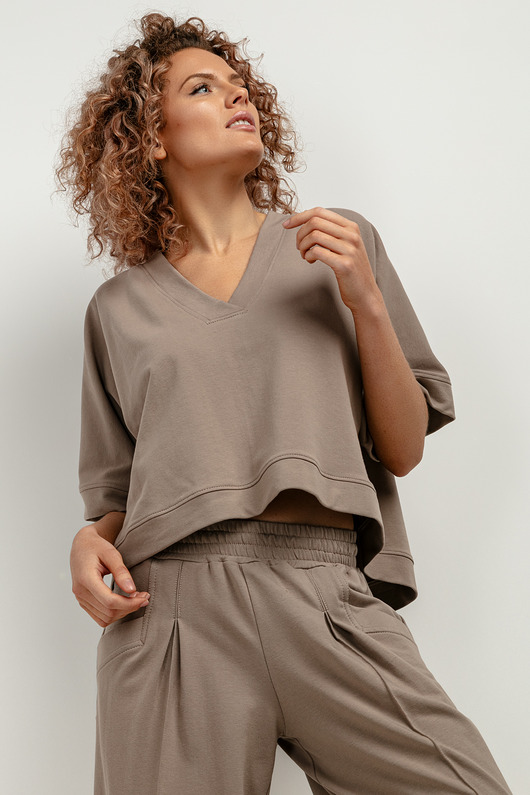 bluzki kimonowe damskie Bluza kimono z dekoltem V, T416, cappuccino