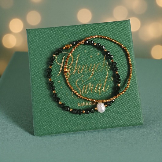 bransoletki z kamieni naturalnych Świąteczny zestaw bransoletek : ciemna zieleń, złoto, perła : szmaragd nilu