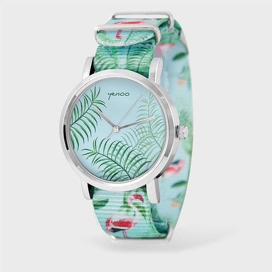 Zegarek - Jungle leaves - flamingi, nato yenoo