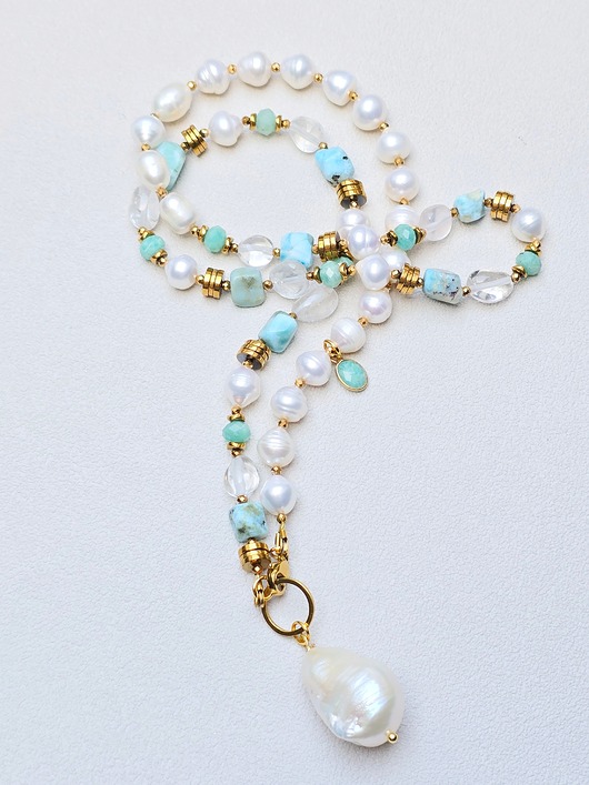 naszyjniki - inne Larimarowe  Perły w Złocie