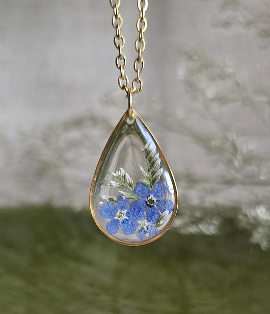 wisiory Złoty wisiorek prawdziwe kwiaty zawieszka łezka łza niezapominajki