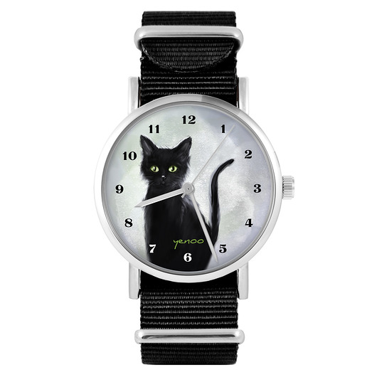 zegarki damskie Zegarek - Czarny kot , cyfry - czarny, nylonowy