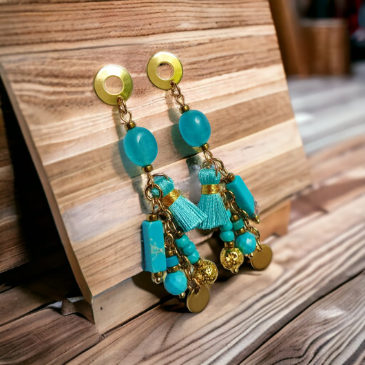 kolczyki z kamieniami Turkusowe kolczyki Boho : długie i fikuśne