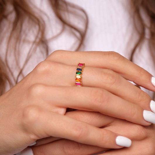 pierścionki złote Złoty pierścionek "Rainbow" z kolorowymi cyrkoniami - srebro 925 pozłacane