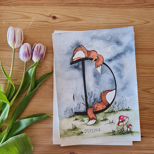 obrazy i plakaty do pokoju dziecięcego Literka Metryczka Ilustracja Akwarelowa