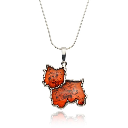 srebrne naszyjniki Naszyjnik piesek - Terier z bursztynu , srebro 925
