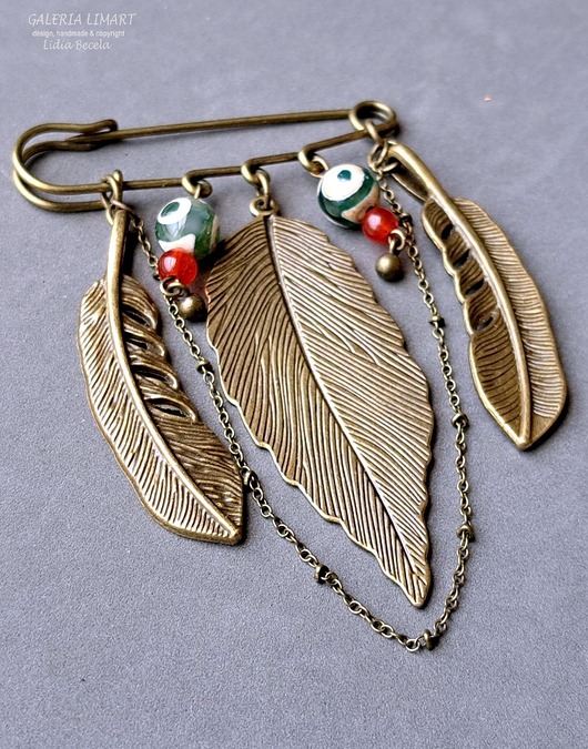 broszki Broszka niezwykła na agrafce w modnym stylu Boho handmade z liściem lauru