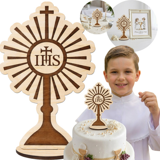 komunia - pozostałe Figurka Kielich IHS 20cm Drewniana Ozdoba na Stół Komunię Topper na Tort