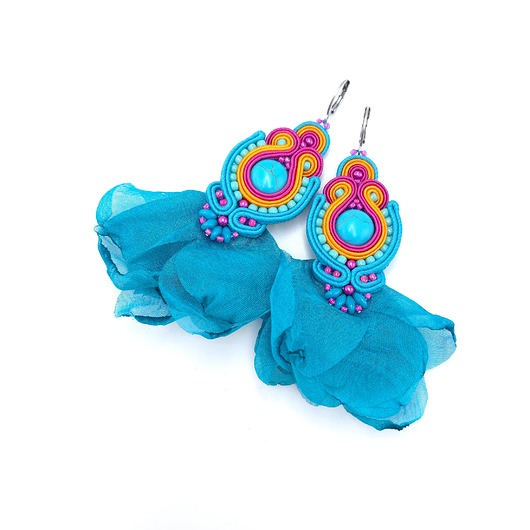 kolczyki soutache Kolczyki sutasz róż turkus pomarańcz wiosenne z howlitem Ballerina