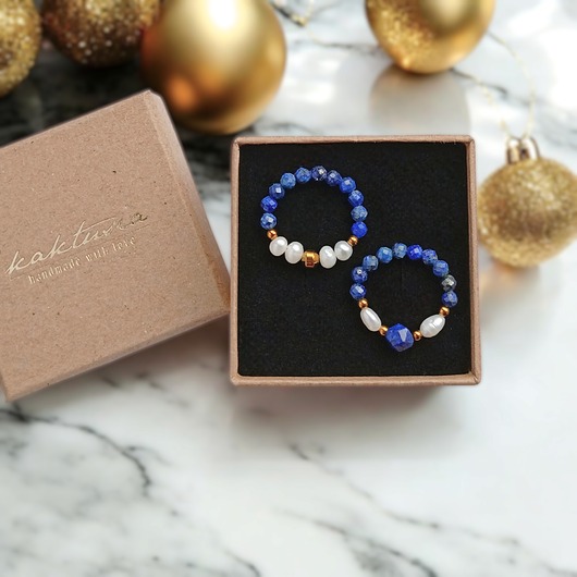 pierścionki elastyczne PREMIUM : zestaw pierścionków : lapis lazuli, perły