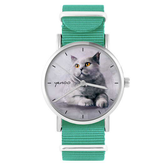 zegarki damskie Zegarek - Kot brytyjski - turkusowy, nylonowy