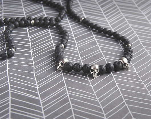 naszyjnik MĘSKI :: black LAVA & skulls :: LONG kaktusia